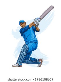 Abstract batsman playing cricket from splash of watercolors, colored drawing, realistic. Vector illustration of paints