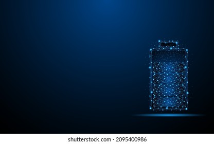 Abstract battery charging on dark blue background. Digital low poly wireframe style design with connection points. vector illustration

