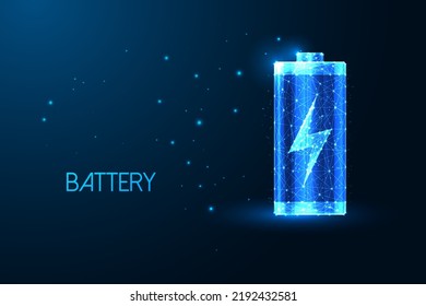 Abstrakte Batterie mit Ladesymbol von in futuristischer Glühtechnik mit Low-Polygonal-Stil auf dunkelblau 