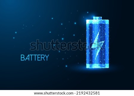 Abstract battery with charging symbol of in futuristic glowing low polygonal style on dark blue 