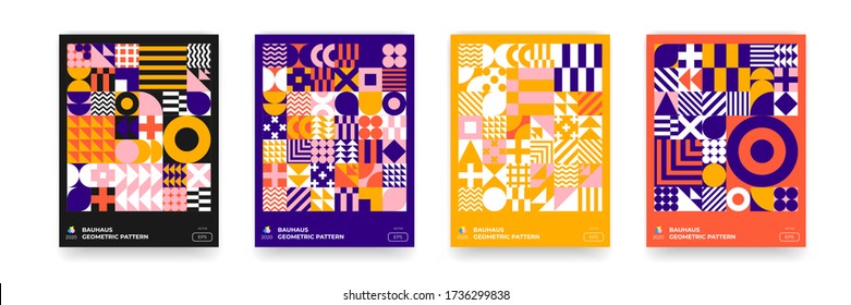 Abstract Bauhaus background, vector geometric pattern circle, triangle and square lines art design. Color Bauhaus Swiss pattern backgrounds, posters set