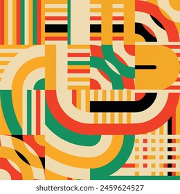 Abstract bauhaus bright pattern in squares. Seamless pattern with green, black, yellow, red colors. Geometric seamless pattern with red, green, yellow and black color palette