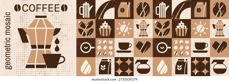 Abstract bauhaus cafe pattern with bakery cake food and coffee mosaic design. Coffee shop branding and paper cup sleeve designs