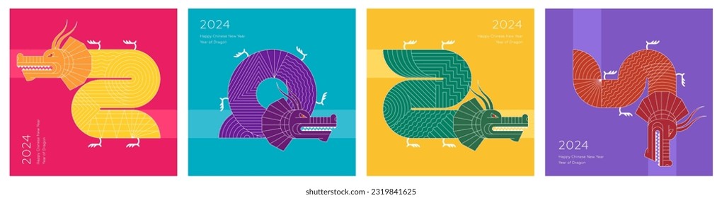 Abstract bauhaus chinese dragons combination 2024 Happy New Year square banners. Colored China zodiac animal dragon set. Graphic asian celebration colorful prints. Modern trendy oriental eps paintings