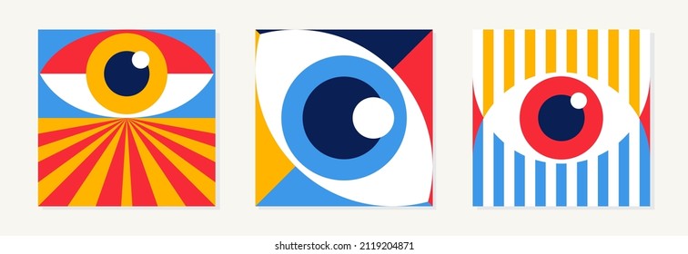 Abstract bauhaus eye poster set minimal 20s geometric style with geometry figures and shapes circle, triangle. square. Human psychology and mental health concept illustration. Vector 10 eps