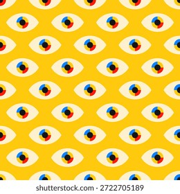 Abstractas patrón de ojos de Bauhaus sin fisuras sobre fondo amarillo Ilustración vectorial