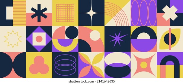 Abstract bauhaus forms, brutalism shapes and geometric graphic elements. Modern funky background texture with lines, circles and simple figures, contemporary style vector illustration