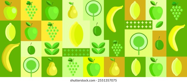 Abstract Bauhaus fruit background. Mosaic healthy food illustration Natural ingredients. Food market print. Minimal vegan vector.