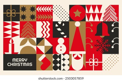 Abstract Bauhaus Geometric Chistmas pattern background, Scandinavian minimal 20s geometric vector. Marry Christmas banner designs. Xmas Applicable to greeting card, poster, flyer, web banner, etc.