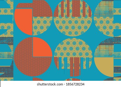 Abstract Bauhaus geometric Japannese pattern with seamless digital print background, vector waves, circles, and florals,  lines retro colorful  art design.