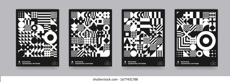 Abstract Bauhaus geometric pattern background, vector circle, triangle and square lines art design. Black and white Bauhaus Swiss pattern background, posters set