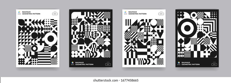 Abstract Bauhaus geometric pattern background, vector circle, triangle and square lines art design. Black and white Bauhaus Swiss pattern background, posters set