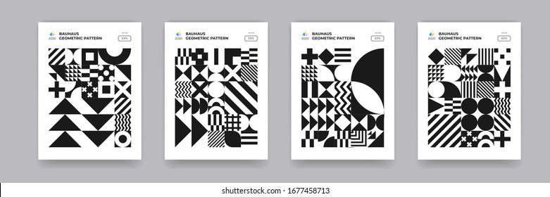 Abstract Bauhaus geometric pattern background, vector circle, triangle and square lines art design. Black and white Bauhaus Swiss pattern background, posters set