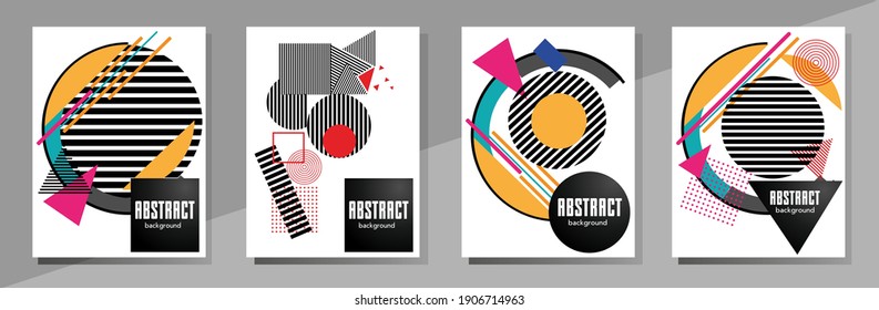 Resumen del fondo de patrón geométrico Bauhaus, círculo vectorial, diseño artístico de triángulo y líneas cuadradas. Diseños abstractos universales. Aplicable a cuadernos, planificadores, folletos, libros, catálogos, etc.