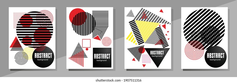 Abstrakter Bauhaus geometrischer Muster Hintergrund, Vektorkreis, Dreieck und quadratische Linien Kunstdesign. Allgemeine abstrakte Layouts. Gilt für Notebooks, Planer, Broschüren, Bücher, Kataloge usw.