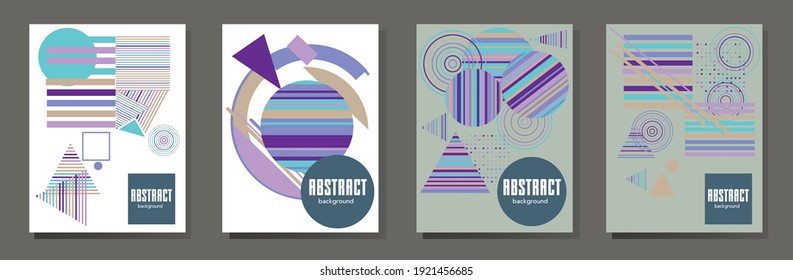 Abstract Bauhaus Geometric Pattern Background, Vector Circle, Triangle And Square Lines Art Design. Universal Abstract Layouts. Applicable For Notebooks, Planners, Brochures, Books, Catalogs Etc.