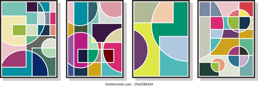 Abstrakter Bauhaus geometrischer Muster Hintergrund, Vektorkreis, Dreieck und quadratische Linien Farbkunst Design. Farbiger Bauhaus-Muster-Hintergrund