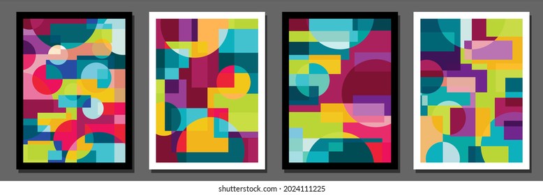 Resumen del fondo de patrón geométrico Bauhaus, círculo vectorial, diseño de arte de colores de triángulo y líneas cuadradas. Fondo colorido del patrón Bauhaus