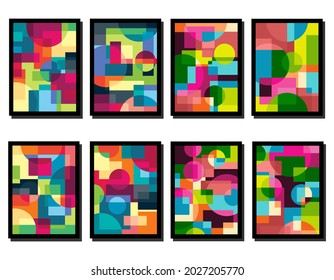 Resumen del fondo de patrón geométrico Bauhaus, círculo vectorial, diseño de arte de colores de triángulo y líneas cuadradas. Fondo colorido del patrón Bauhaus