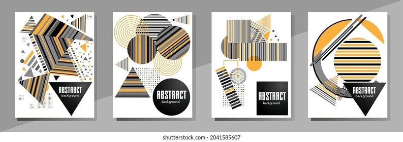 Abstract Bauhaus geometric pattern background, vector circle, triangle and square lines art design. Universal abstract layouts. Applicable for notebooks, planners, brochures, books, catalogs etc.