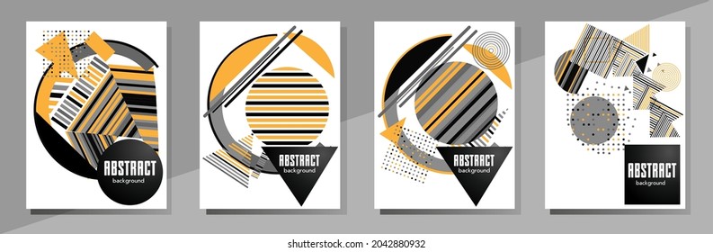 Abstract Bauhaus geometric pattern background, vector circle, triangle and square lines art design. Universal abstract layouts. Applicable for notebooks, planners, brochures, books, catalogs etc.