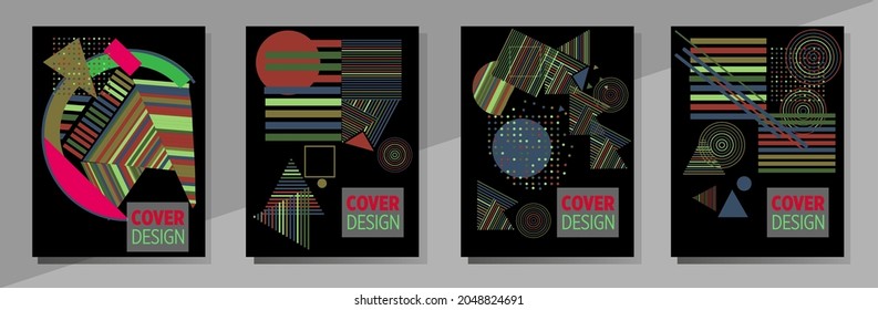 Abstract Bauhaus geometric pattern background, vector circle, triangle and square lines art design. Universal abstract layouts. Applicable for notebooks, planners, brochures, books, catalogs etc.