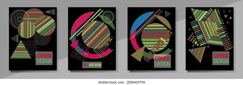 Abstract Bauhaus geometric pattern background, vector circle, triangle and square lines art design. Universal abstract layouts. Applicable for notebooks, planners, brochures, books, catalogs etc.