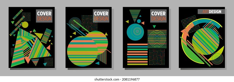Abstract Bauhaus geometric pattern background, vector circle, triangle and square lines art design. Universal abstract layouts. Applicable for notebooks, planners, brochures, books, catalogs etc.