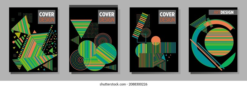 Abstract Bauhaus geometric pattern background, vector circle, triangle and square lines art design. Universal abstract layouts. Applicable for notebooks, planners, brochures, books, catalogs etc.