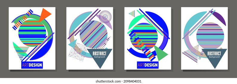Abstract Bauhaus geometric pattern background, vector circle, triangle and square lines art design. Universal abstract layouts. Applicable for notebooks, planners, brochures, books, catalogs etc.