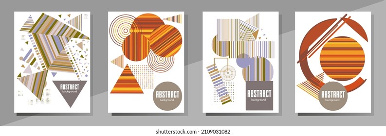 Abstract Bauhaus geometric pattern background, vector circle, triangle and square lines art design. Universal abstract layouts. Applicable for notebooks, planners, brochures, books, catalogs etc.