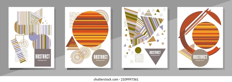 Abstract Bauhaus geometric pattern background, vector circle, triangle and square lines art design. Universal abstract layouts. Applicable for notebooks, planners, brochures, books, catalogs etc.