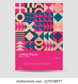 Abstract Bauhaus geometric pattern background, vector circle, triangle, and square lines color art design. Modern vertical mosaic banner vector.