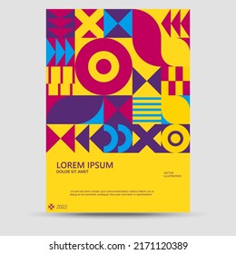 Abstract Bauhaus geometric pattern background, vector circle, triangle, and square lines color art design. Modern vertical mosaic banner vector.