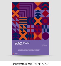 Resumen del fondo de patrón geométrico Bauhaus, círculo vectorial, triángulo y diseño de color de líneas cuadradas. Moderno vector de banner de mosaico vertical.
