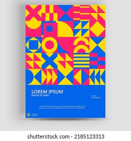 Abstract Bauhaus geometric pattern background, vector circle, triangle, and square lines color art design. Modern vertical mosaic banner vector.