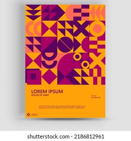 Abstract Bauhaus geometric pattern background, vector circle, triangle, and square lines color art design. Modern vertical mosaic banner vector.