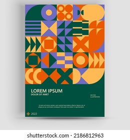 Resumen del fondo de patrón geométrico Bauhaus, círculo vectorial, triángulo y diseño de color de líneas cuadradas. Moderno vector de banner de mosaico vertical.