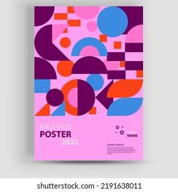 Abstract Bauhaus geometric pattern background, vector circle, triangle, and square lines color art design. Modern vertical mosaic banner vector. Applicable for covers, flyers, etc.