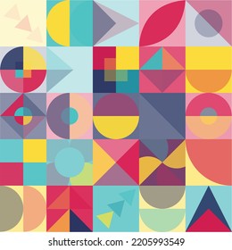Abstract Bauhaus geometric pattern background, vector circle, triangle and square lines color art design. Colorful Bauhaus pattern background
