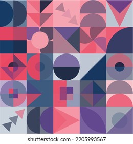 Abstract Bauhaus geometric pattern background, vector circle, triangle and square lines color art design. Colorful Bauhaus pattern background