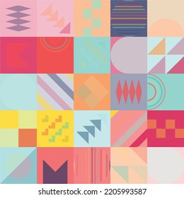 Abstract Bauhaus geometric pattern background, vector circle, triangle and square lines color art design. Colorful Bauhaus pattern background