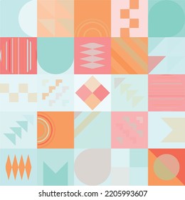 Abstract Bauhaus geometric pattern background, vector circle, triangle and square lines color art design. Colorful Bauhaus pattern background