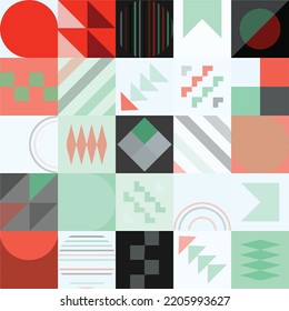 Resumen del fondo de patrón geométrico Bauhaus, círculo vectorial, diseño de arte de colores de triángulo y líneas cuadradas. Fondo colorido del patrón Bauhaus