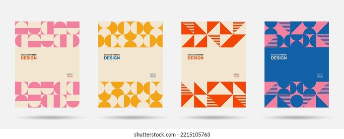 Abstract Bauhaus geometric pattern background, vector circle, triangle and square lines art design. Vintage color Bauhaus Swiss pattern background, posters set, abstract cover backgrounds