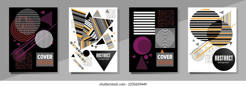 Abstract Bauhaus geometric pattern background, vector circle, triangle and square lines art design. Universal abstract layouts. Applicable for notebooks, planners, brochures, books, catalogs etc.
