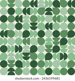 Abstract Bauhaus geometric pattern background. Green circle and semicircle repeat on white. Modern cover template. Vector illustration.