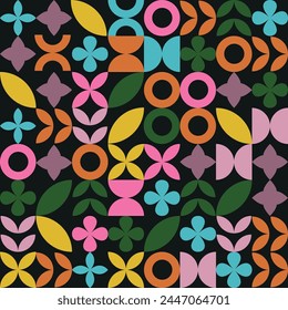 Abstract Bauhaus geometric pattern background in retro style with trendy colors. Abstract modern circle, shapes, square lines art. Colorful geometric background, Color neo geo seamless pattern.
