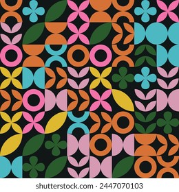 Abstract Bauhaus geometric pattern background in retro style with trendy colors. Abstract modern circle, shapes, square lines art. Colorful geometric background, Color neo geo seamless pattern.