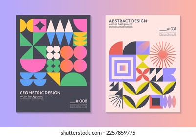 Abstract bauhaus geometric pattern backgrounds with copy space for text.Trendy minimalist geometric designs with simple shapes and elements.Modern artistic vector illustrations.